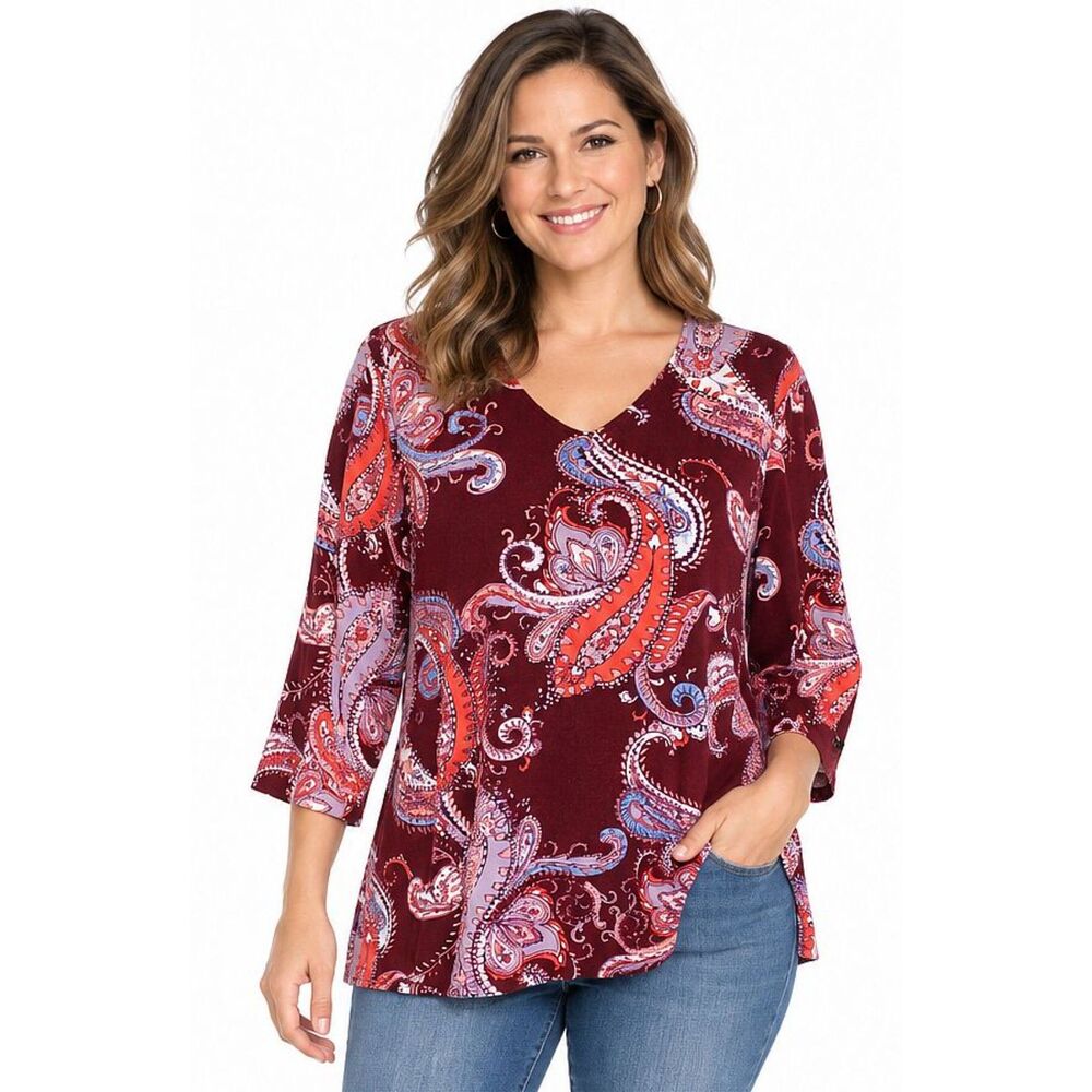 Chico's 2 P L 12 14 Burgundy Retro Paisley Swirl 3/4 Sleeve Stretch Top